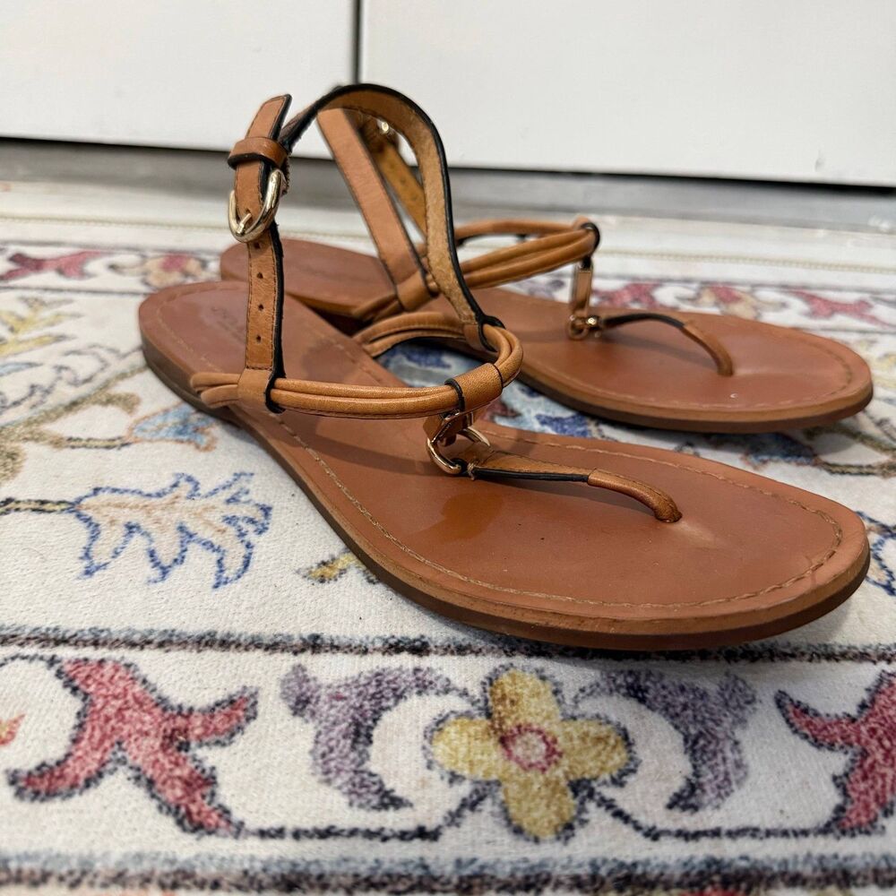 Coach 5.5 B Brown Leather Thong Sandals Women's Flat Ankle Strap Gold Hardware